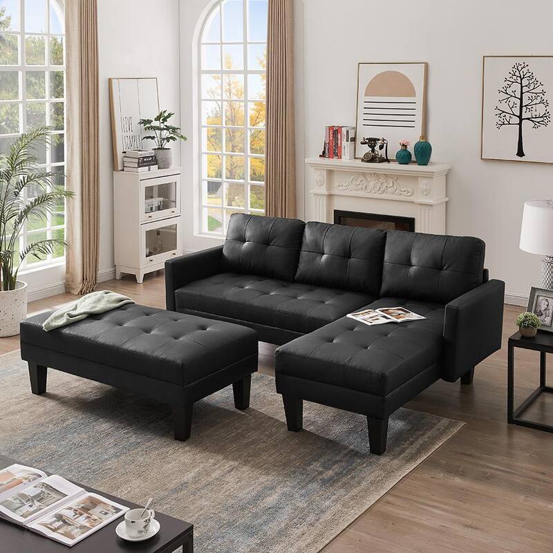 80.71 in. W 3-piece Faux Leather Sectional Sofa L-shape Sofa Chaise Lounge with Ottoman Bench in Black