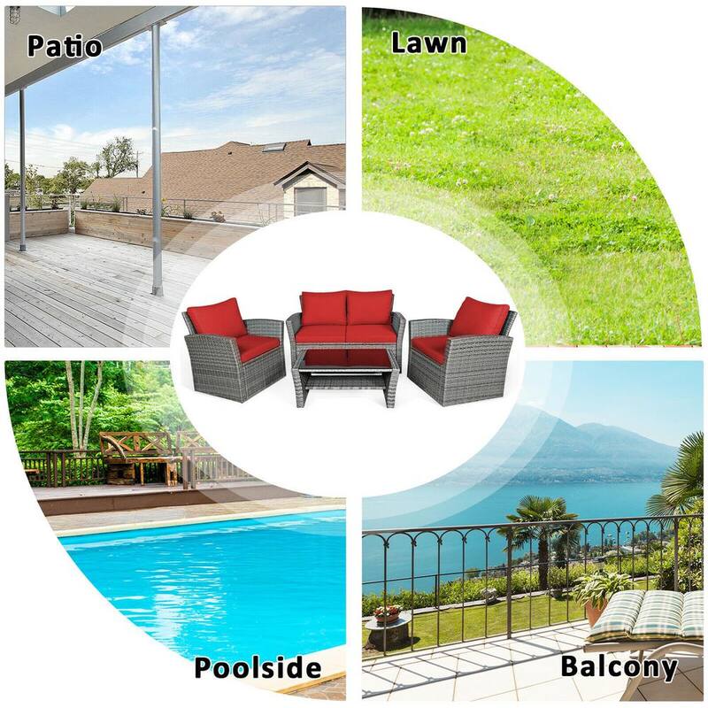 4-Piece Wicker Patio Conversation Set with Red Cushions