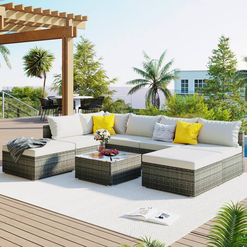 8-Pieces Gray Wicker Outdoor Sectional Set with Beige Cushions