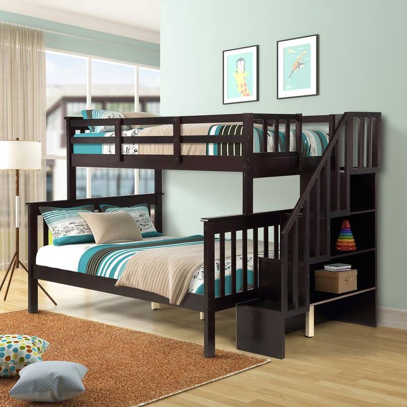 54.33 in. W Espresso Stairway Twin-Over-Full Bunk Bed with Storage and Guard Rail for Bedroom