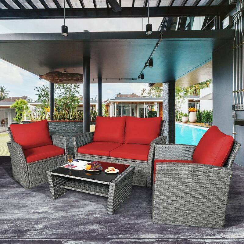 4-Piece Wicker Patio Conversation Set with Red Cushions