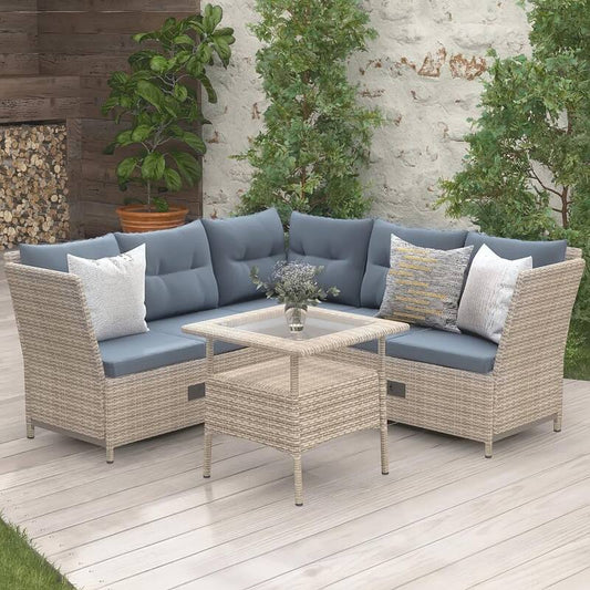 4-Piece Natural Wicker Outdoor Sectional Set with Adjustable Backs Gray Cushions