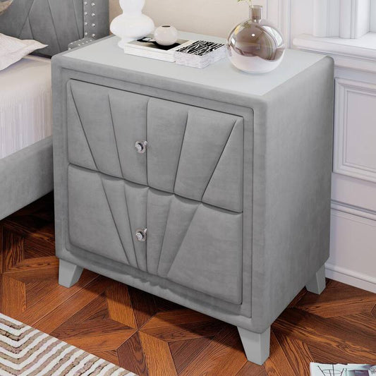 2-Drawer Gray Nightstand 28 in. H x 26.8 in. W x 16.9 in. D Velvet Upholstered Glass Top End Table