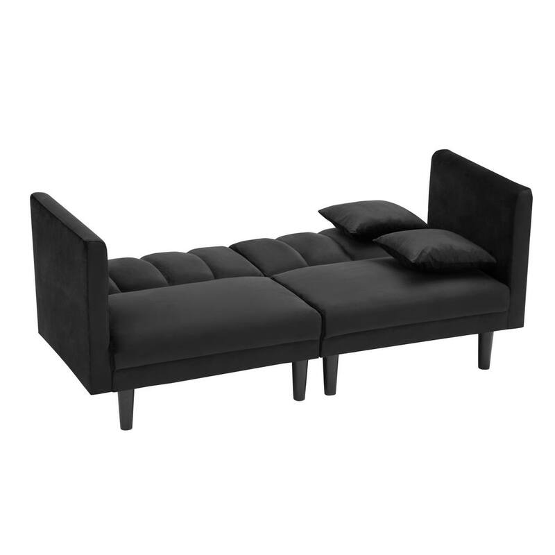 70 in. W Black Velvet Twin Size Sofa Bed Futon Sofa Sleeper with 2 Pillows