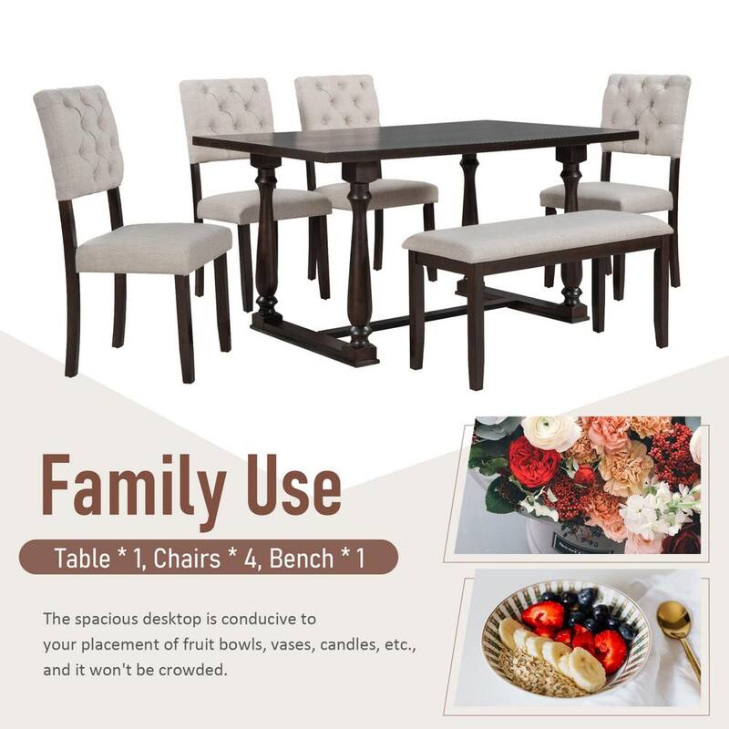 6-Piece Wood Dining Table and Chair Set with Special-Shaped Legs and Foam-Covered Seat Backs and Cushions