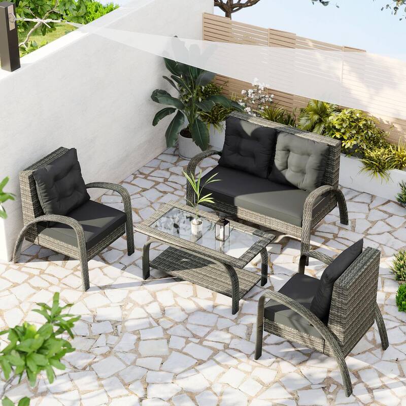 4-Piece Rattan Wicker Patio Conversation Set with Glass Tea Table Gray Cushions