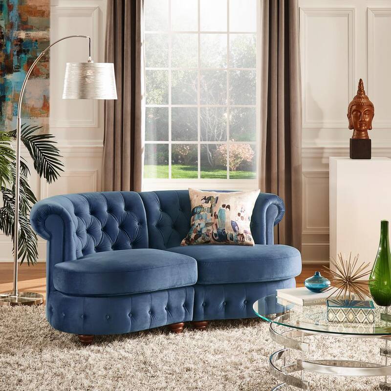 69 in. Blue Velvet Tufted Scroll Arm Chesterfield Curved 2-Seat Loveseat