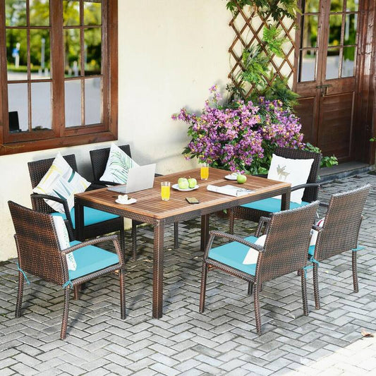 7-Piece Wicker Outdoor Dining Set with Umbrella Hole and Turquoise Cushions