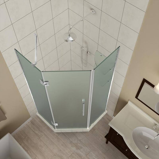 36 to 36.5 in. x 72 in. Frameless Hinged Neo-Angle Shower Enclosure with Frosted Glass and Shelves in Stainless Steel