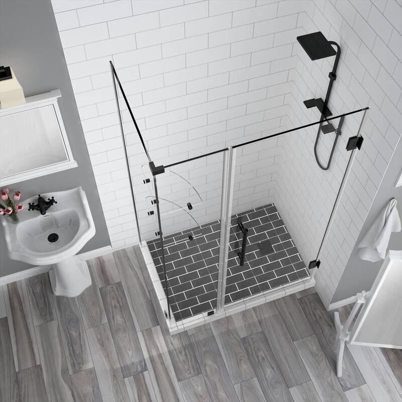 44.25 in. to 45.25 in. x 38.375 in. x 72 in. Frameless Corner Hinged Shower Enclosure with Glass Shelves in Matte Black