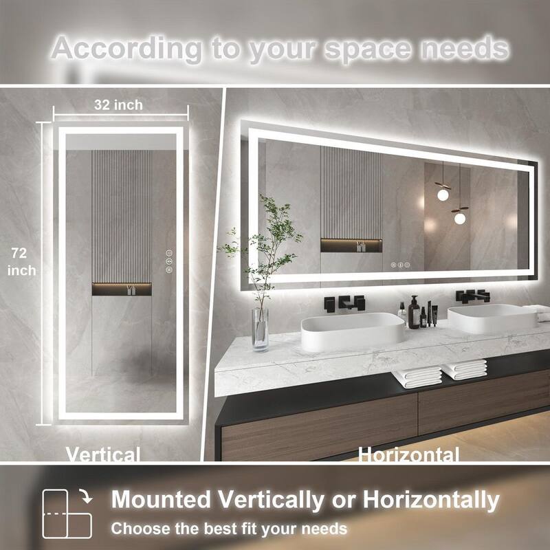 72 in. W x 32 in. H Large Rectangular Frameless Anti-Fog LED Light Wall Mounted Bathroom Vanity Mirror in White