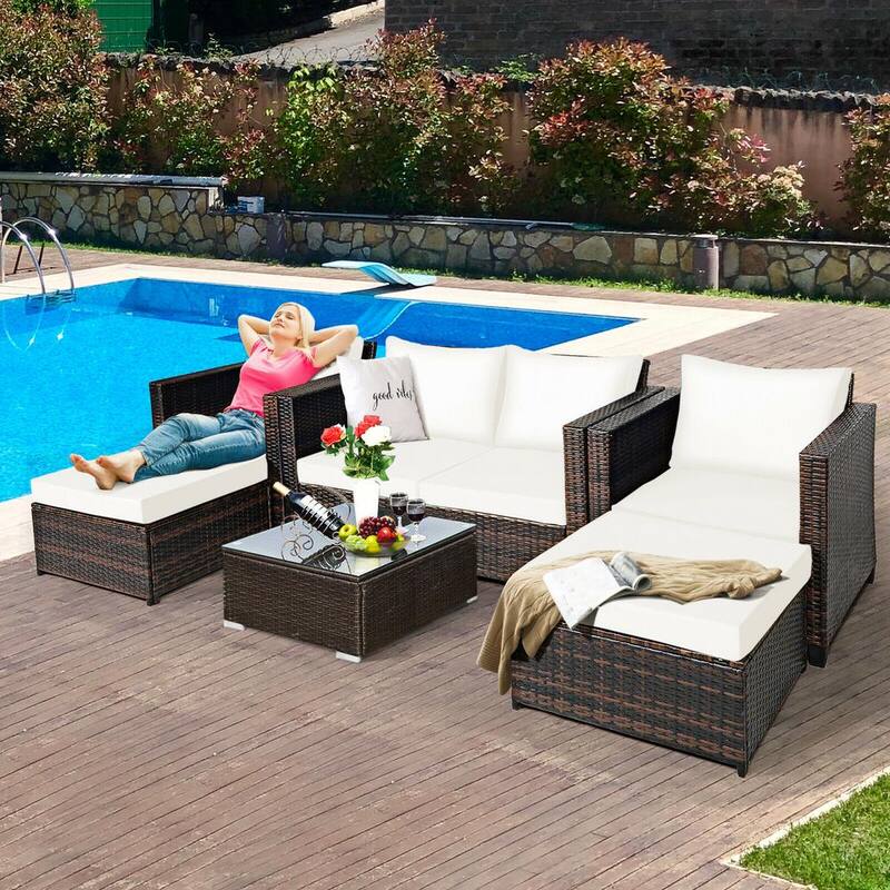 5-Piece Wicker Patio Conversation Set with White Cushions and 2 Ottomans