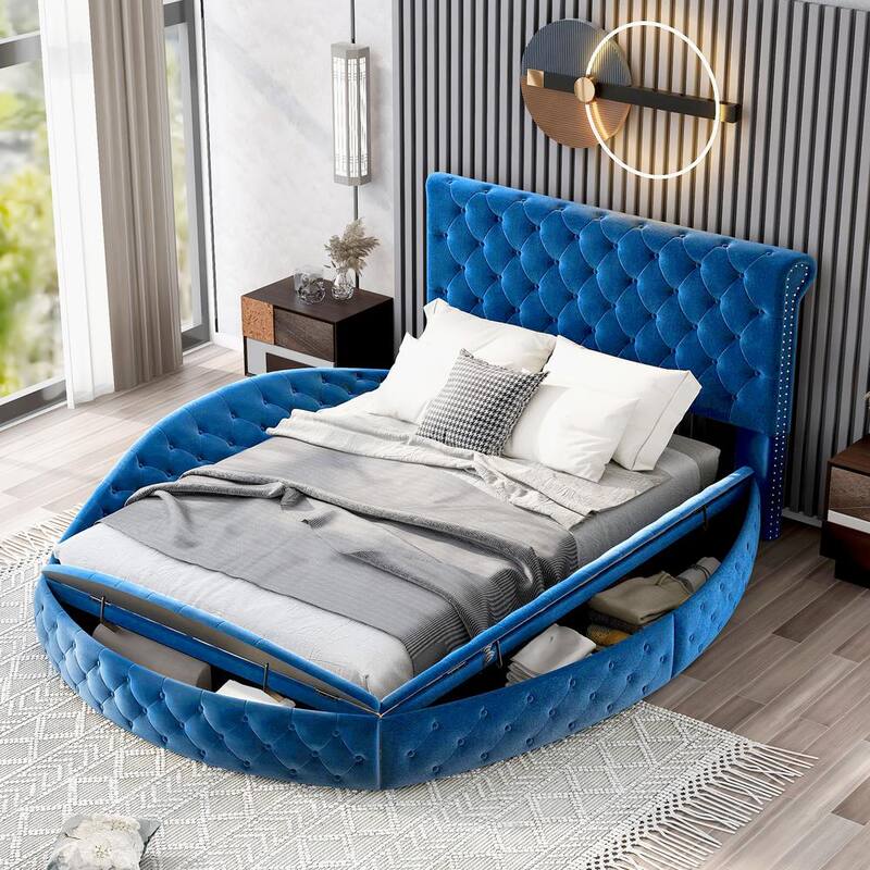 82 in.W Blue Full Size Round Velvet Upholstered Low Profile Platform Bed with Storage Space on Both Sides and Footboard