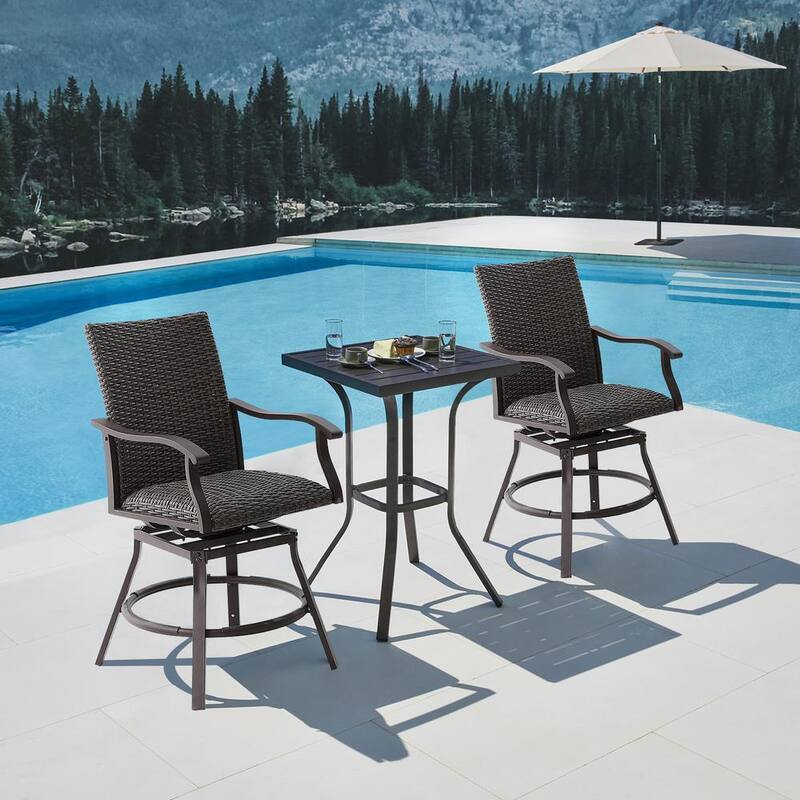 3-Piece All Weather Metal Outdoor Serving Bar Set with 2 Wicker Bar Stools and High Tiki Bar Table