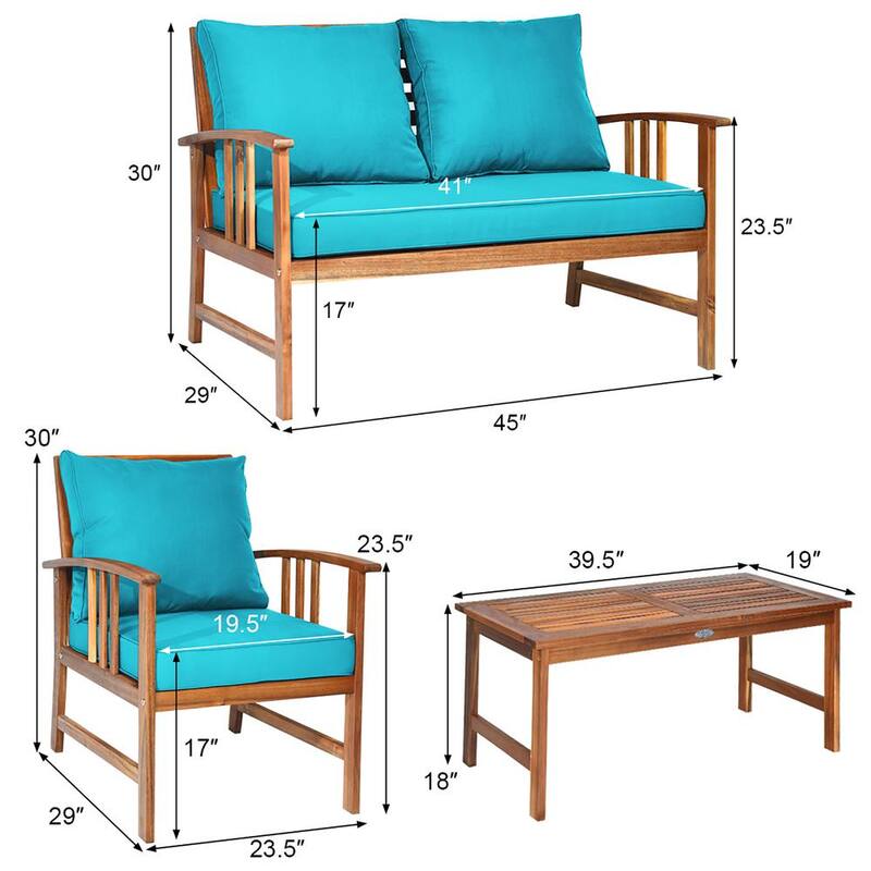 8-Piece Teak Cushioned Garden Patio Furniture Table Sofa Chair Set Cover Turquoise Cushions