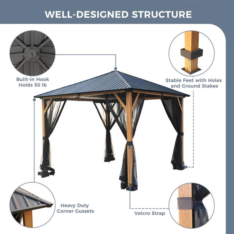 10 ft. x 10 ft. Wood Like Metal Outdoor Patio Gazebo with Mosquito Netting