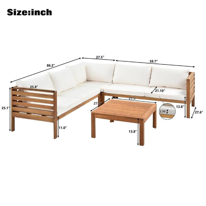 4-Piece Wood Outdoor Sectional Set with Beige Cushions Patio Conversation Corner Sofa with Coffee Table