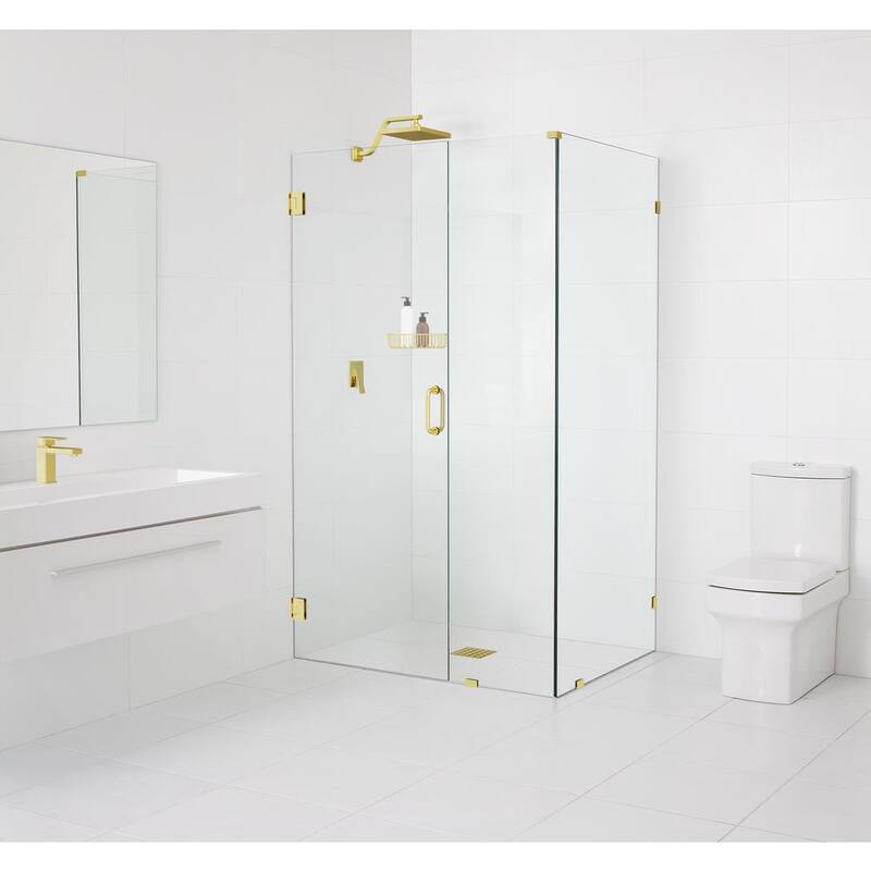 37 in. W x 42.5 in. D x 78 in. H Pivot Frameless Corner Shower Enclosure in Brass Finish with Clear Glass