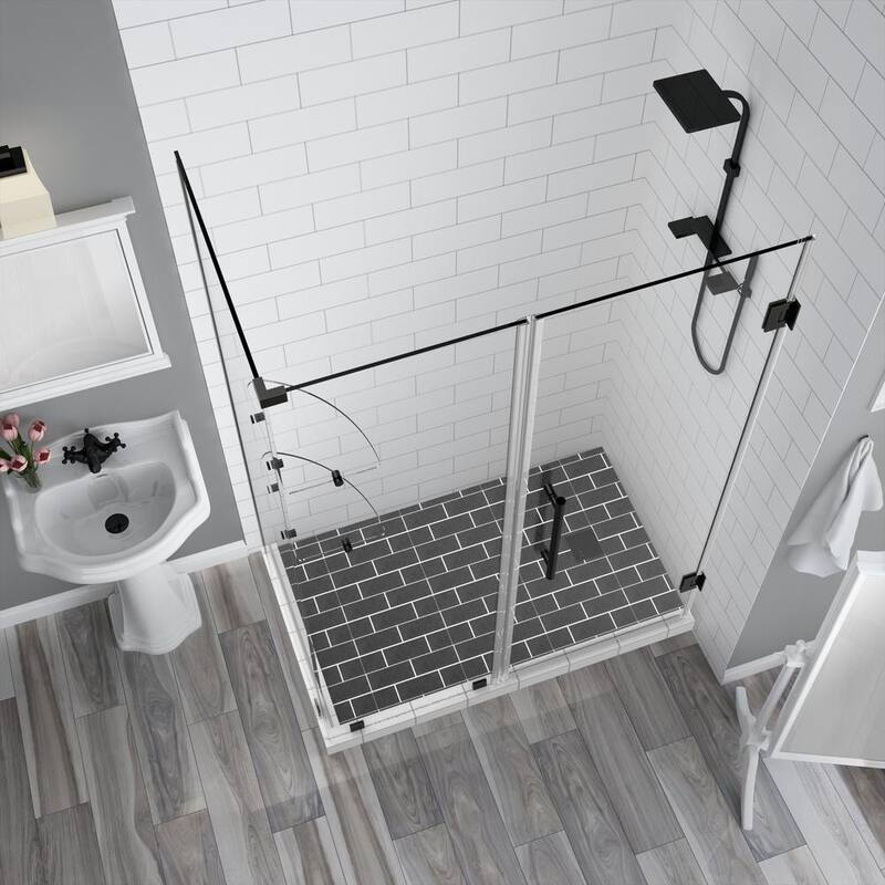 65.25 in. to 66.25 in. x 34.375 in. x 72 in. Frameless Corner Hinged Shower Enclosure with Glass Shelves in Matte Black