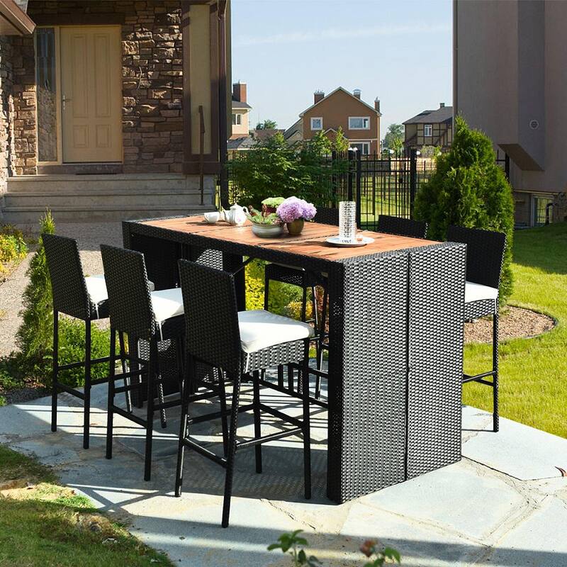 7-Piece Wicker Rectangular 43 in. Outdoor Dining Set with White Cushions