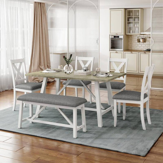 6-Piece White and Gray Wood Top Dining Table Set with Bench and 4-Rustic Chairs