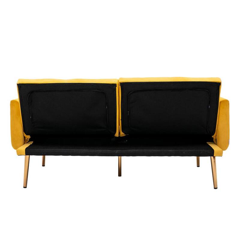 63.7 in Wide Mustard Yellow Velvet Upholstered 2-Seater Convertible Sofa Bed with Golden Metal Legs