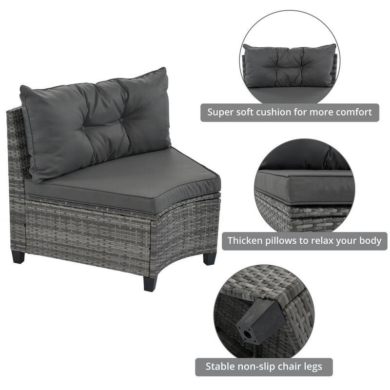 8-Piece All-Weather Wicker Patio Conversation Half-Moon Sectional Seating Set with Gray Cushions