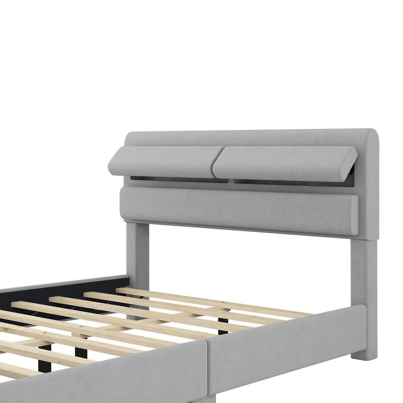 92.5 in. W Gray Full Wood Frame Upholstery Platform Bed with Storage Headboard and Footboard