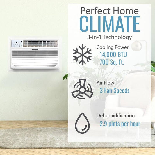 14000 BTU 230V Through-The-Wall AC Remote Sleep Mode Auto-Restart 24H Timer LED Displayfor Rooms up to 700 Sq. Ft.