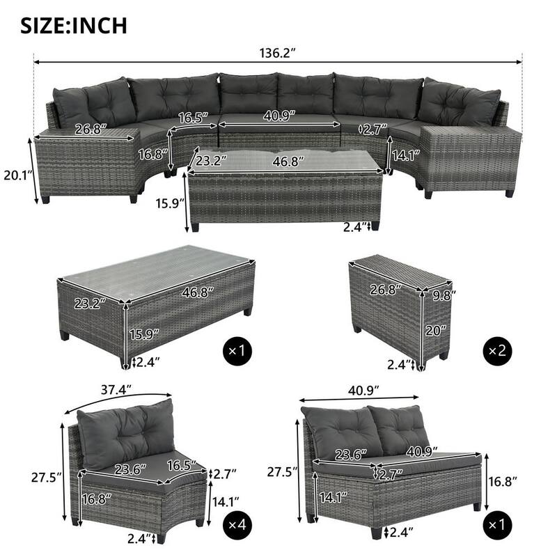 8-Piece All-Weather Wicker Patio Conversation Half-Moon Sectional Seating Set with Gray Cushions