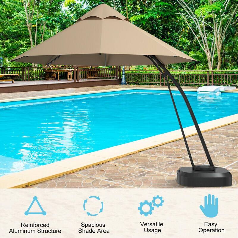 11 ft. Outdoor Cantilever Hanging Umbrella with Base and Wheels in Beige