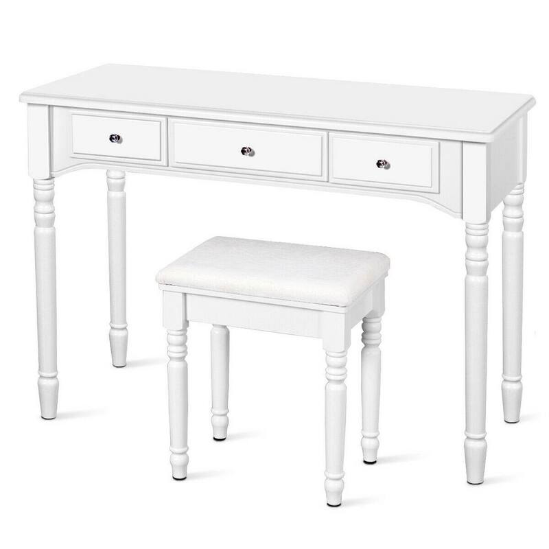 7-Drawer White Makeup Dressing Table with Tri-Folding Mirror and Cushioned Stool