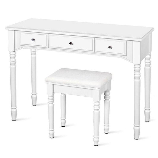 7-Drawer White Makeup Dressing Table with Tri-Folding Mirror and Cushioned Stool