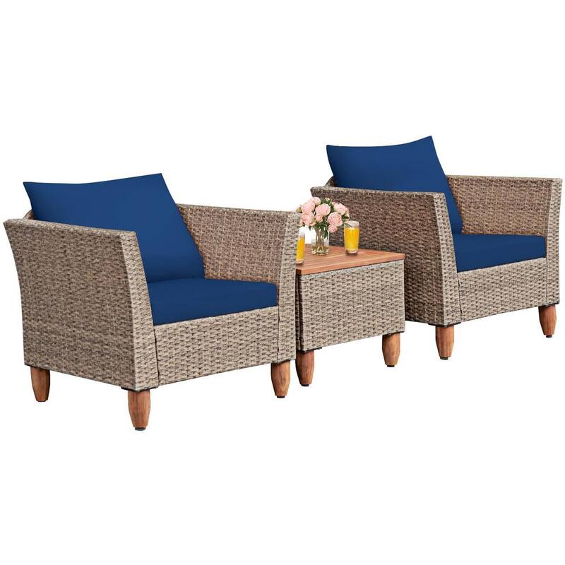 3-Piece Wicker Patio Conversation Set with Blue Cushions