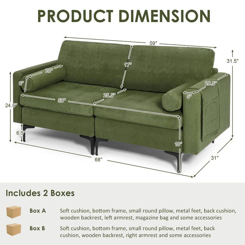 68 in W Suede Modern Loveseat 2-Seat Sofa Couch with 2 Bolsters and Side Storage Pocket Army Green