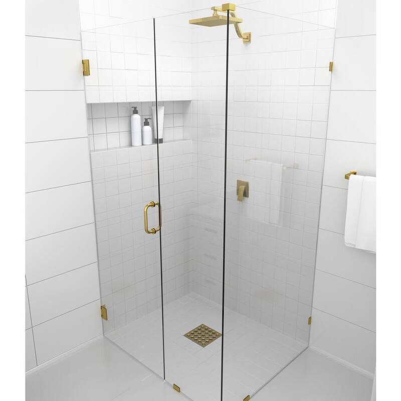 37 in. W x 42.5 in. D x 78 in. H Pivot Frameless Corner Shower Enclosure in Brass Finish with Clear Glass