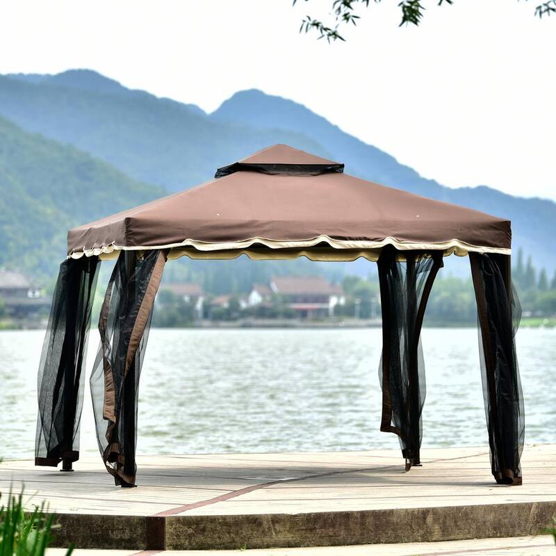 9.8 ft. x 8.8 ft. Brown Patio Gazebo Outdoor Steel Vented Dome Top with Netting for Backyard Poolside and Deck