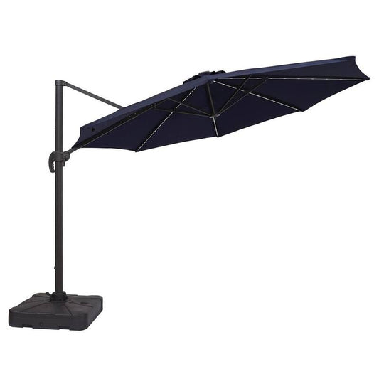 11 ft. Solar LED Outdoor Market Cantilever Patio Umbrella in Blue with Crank and Base