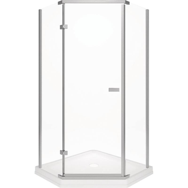 38 in. x 72 in. Semi-Frameless Pivot Door in Stainless with 38 in. x 38 in. Neo Angle Corner Shower Base in White