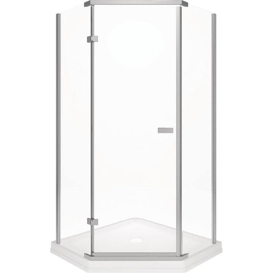 38 in. x 72 in. Semi-Frameless Pivot Door in Stainless with 38 in. x 38 in. Neo Angle Corner Shower Base in White