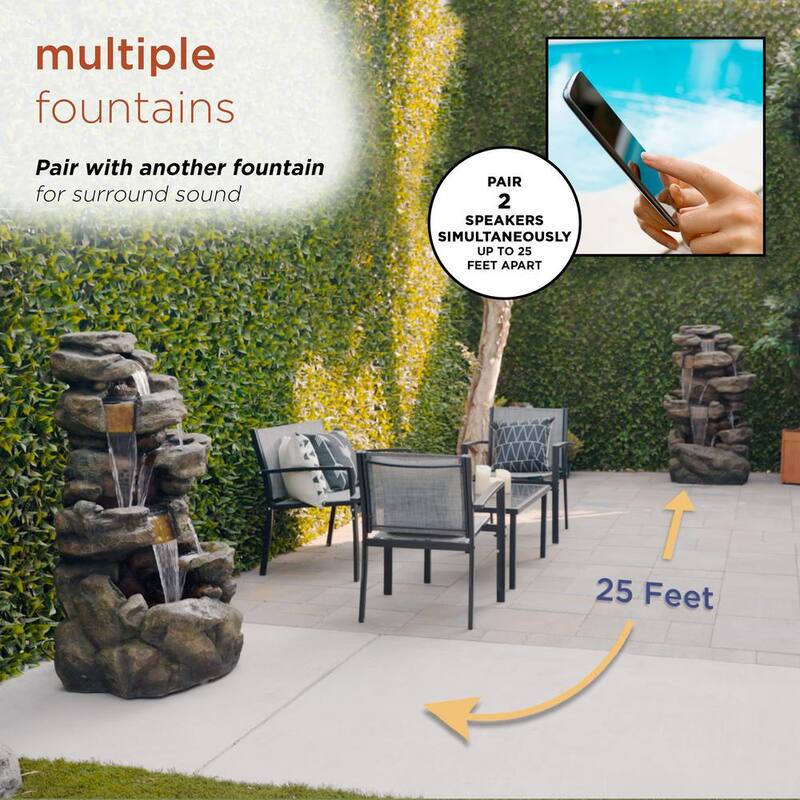 51 in. Tall Outdoor Rainforest Floor Tiered Fountain with LED Lights and Bluetooth Speaker