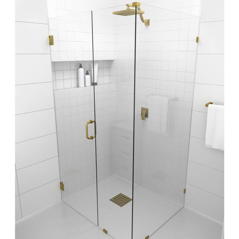 35 in. W x 40.5 in. D x 78 in. H Pivot Frameless Corner Shower Enclosure in Satin Brass Finish with Clear Glass