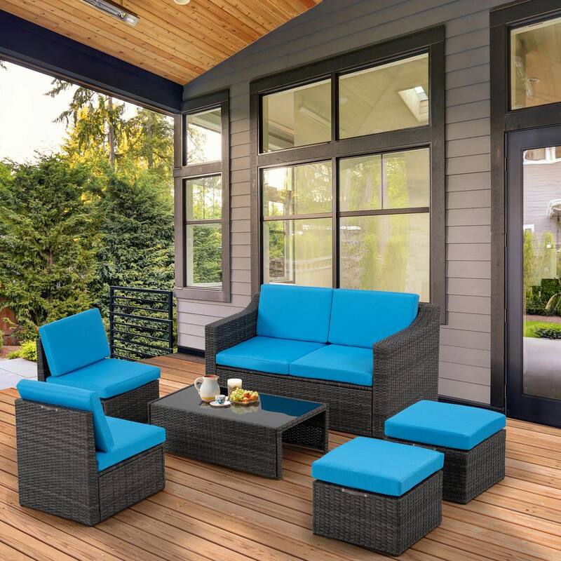 6-Piece Rattan Patio Sectional Sofa with Grey/Blue Cushions