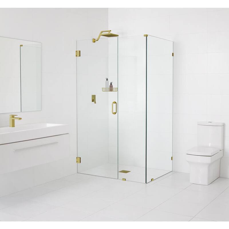 52 in. W x 43.5 in. D x 78 in. H Pivot Frameless Corner Shower Enclosure in Satin Brass Finish with Clear Glass