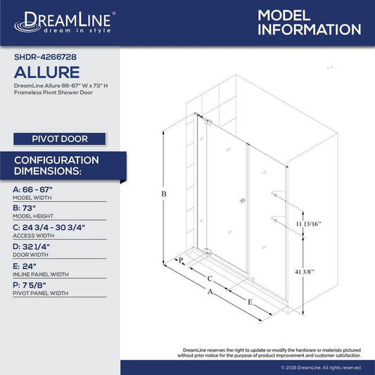 Allure 66 in. to 67 in. x 73 in. Semi-Frameless Pivot Shower Door in Chrome