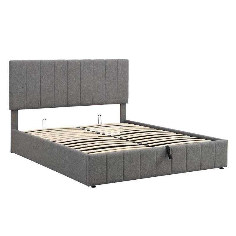 83 in.W Gray Queen Size Upholstered Platform Bed with Storage Underneath Wooden Bed Frame with Hydraulic Storage System