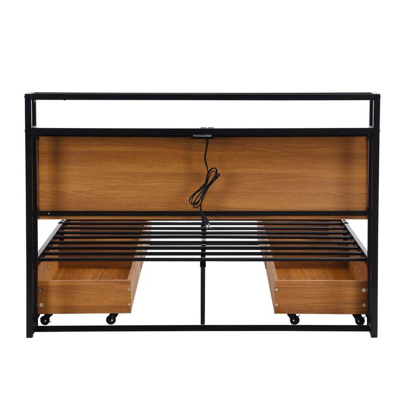 82.3 in. W Black Full Size Metal Frame Platform Bed with Four Drawers Sockets and USB Ports