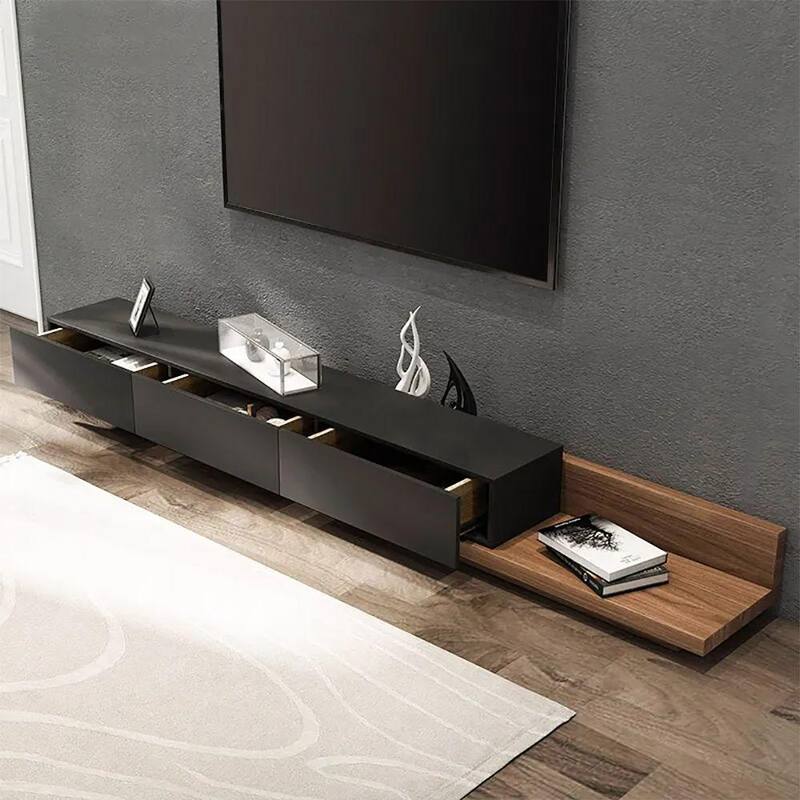 141.73 in. Black Walnut Wood Modern RetractableTV Stand with 3-Storage Drawers Fits TV's up to 85 in.