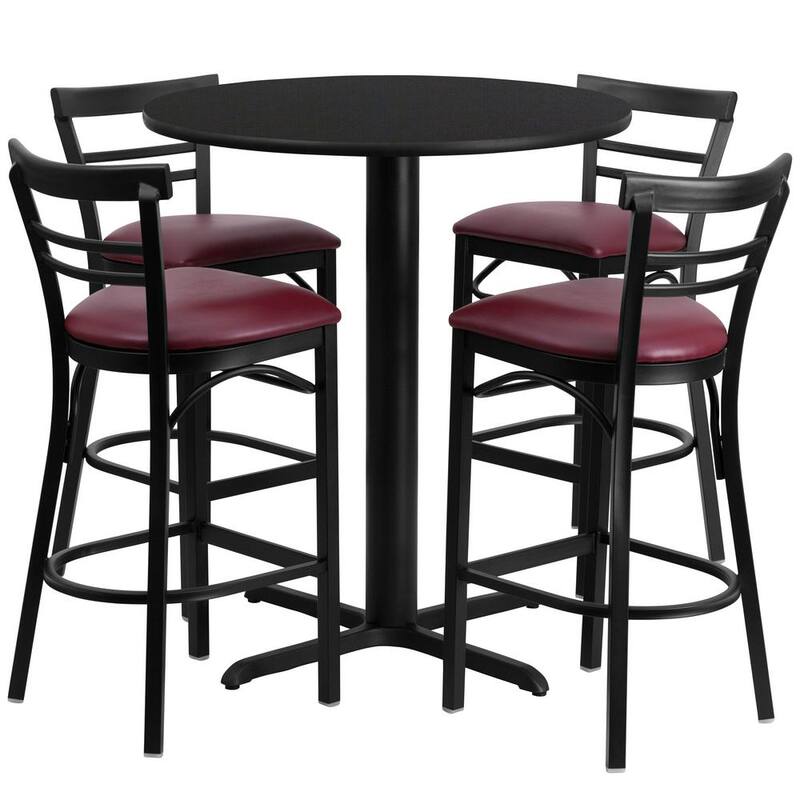 5-Piece Black Top/Burgundy Vinyl Seat Table and Chair Set