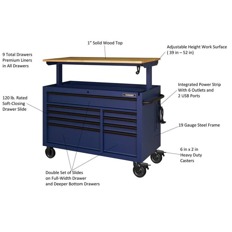 52 in. W x 25 in. D Heavy Duty 9-Drawer Mobile Workbench Tool Chest with Adjustable-Height Solid Wood Top in Matte Blue